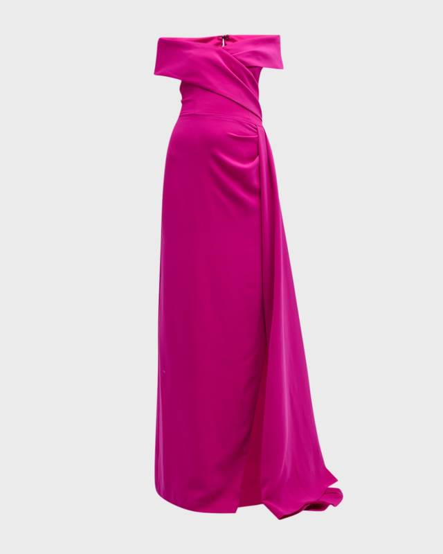 Pleated Off-Shoulder Draped Crepe Gown