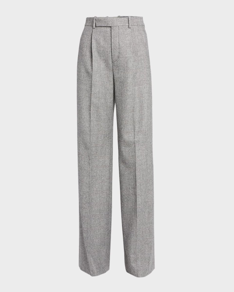 Wide-Leg Micro-Check Wool Trousers