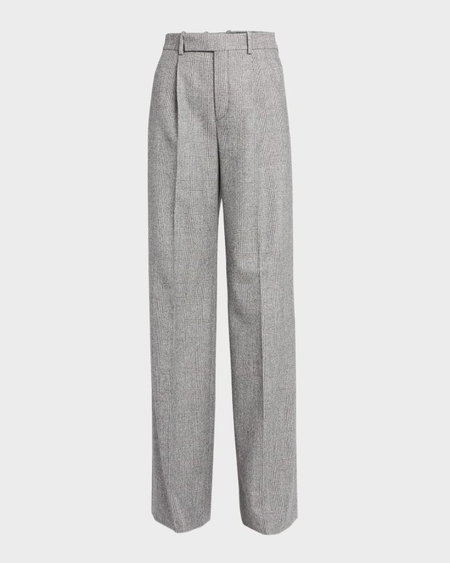 Wide-Leg Micro-Check Wool Trousers