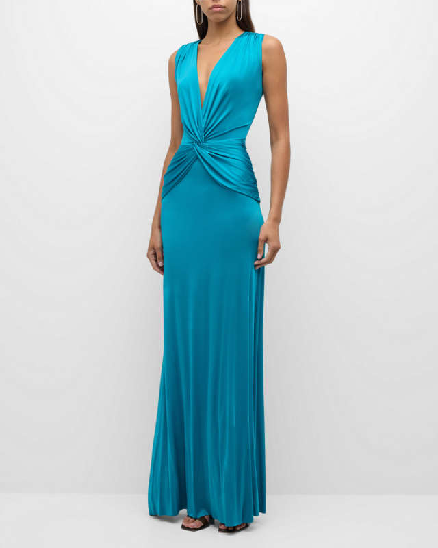 Kinj Twist-Front Deep V-Neck Jersey Gown