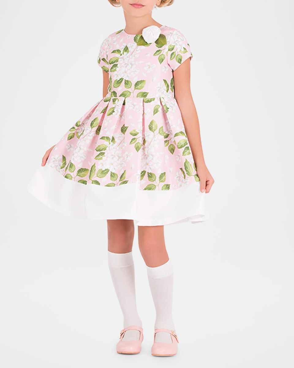 Girl's Rose-Print Dress W/ Rose Applique, Size 3T-12