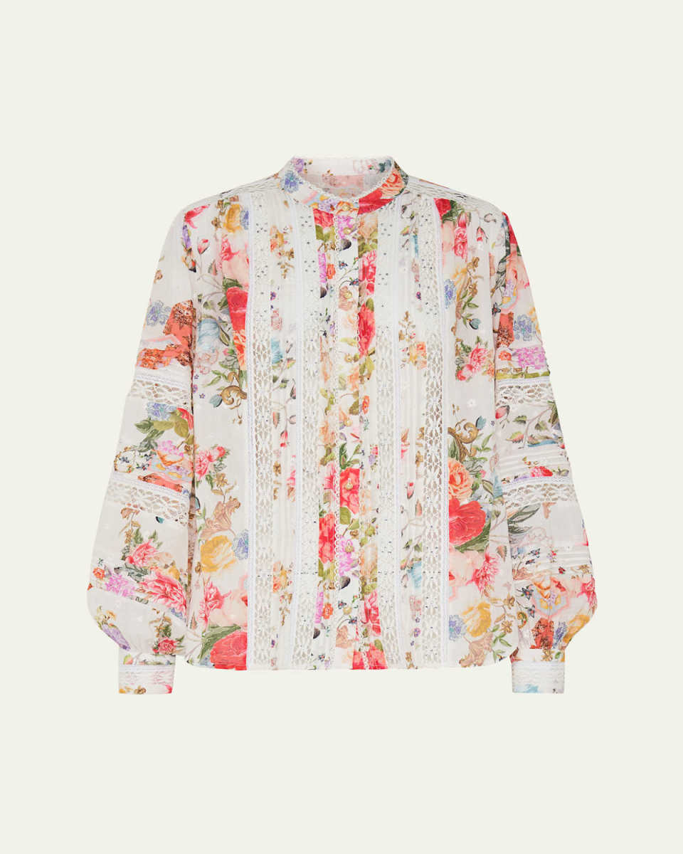 Lace-Trim Floral Cotton Blouson-Sleeve Blous