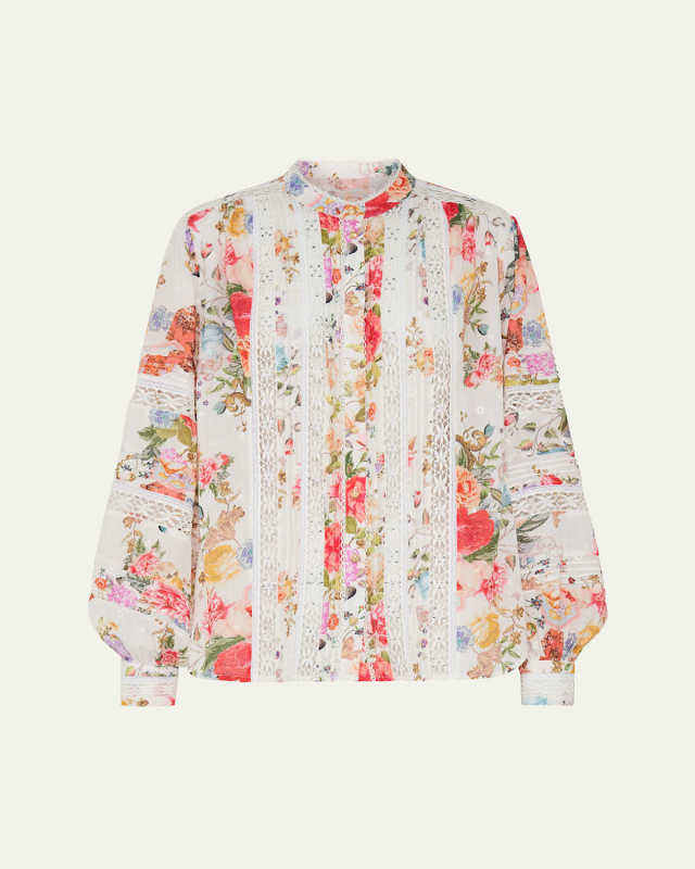 Lace-Trim Floral Cotton Blouson-Sleeve Blous