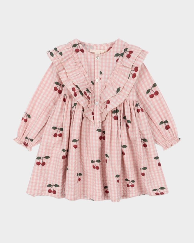 Girl's Kim Frill Check Cherry Print Dress, Size 12M-8