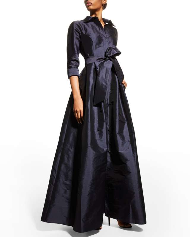 3/4-Sleeve Taffeta Shirtdress Gown