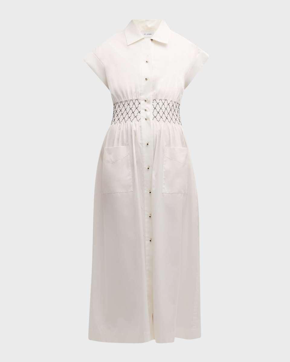 Short-Sleeve Smocked Poplin Midi Bowling Shirtdress