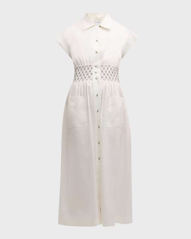 Short-Sleeve Smocked Poplin Midi Bowling Shirtdress
