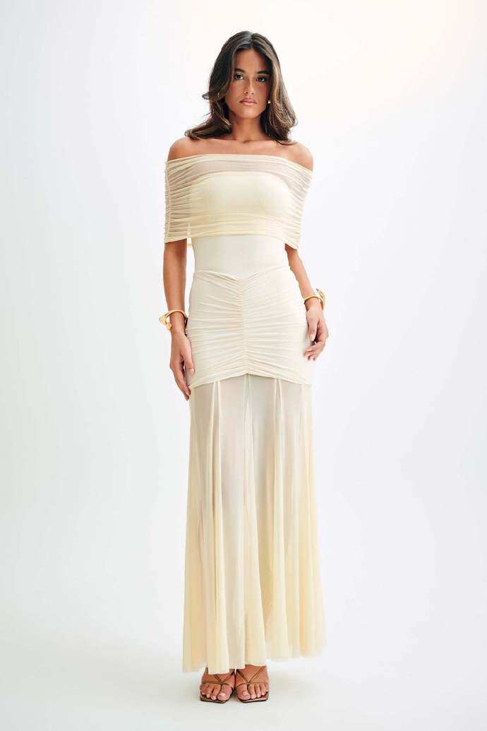 MESHKI Caspian Slinky And Mesh Off Shoulder Maxi Dress