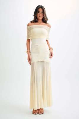 MESHKI Caspian Slinky And Mesh Off Shoulder Maxi Dress