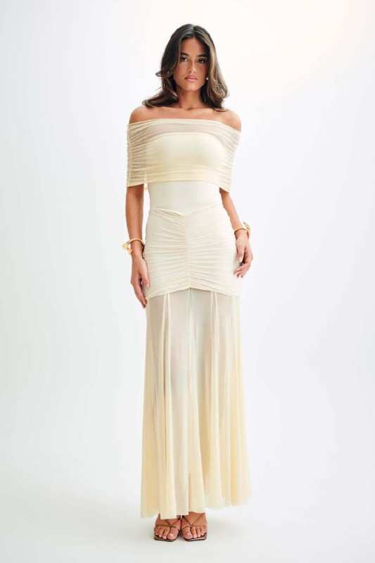 MESHKI Caspian Slinky And Mesh Off Shoulder Maxi Dress
