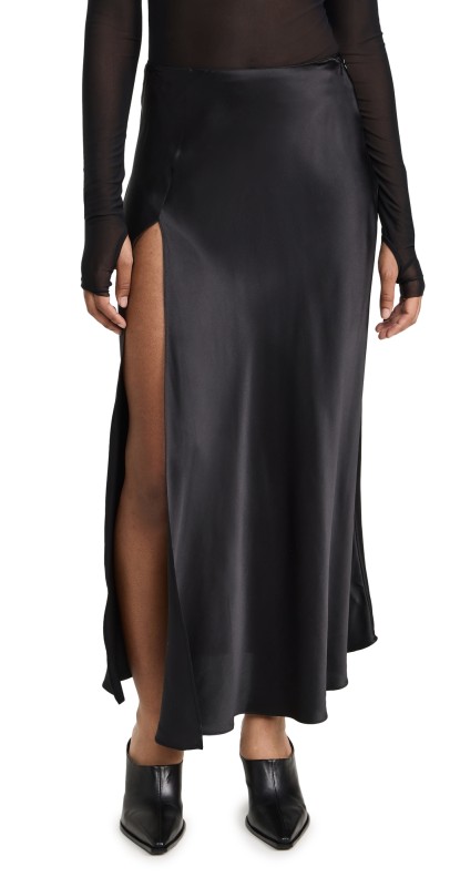 DANNIJO Silk Midi Skirt with High Slit Black