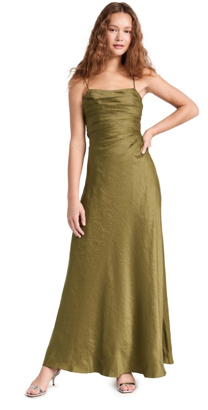Aje Clarice Draped Maxi Dress Deep Olive