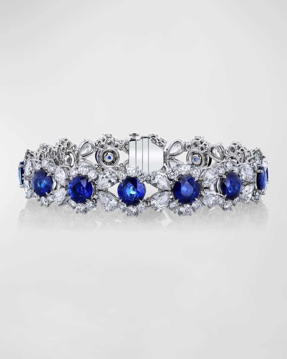 Platinum Mixed Diamond Bracelet with Round Blue Sapphires, 7"