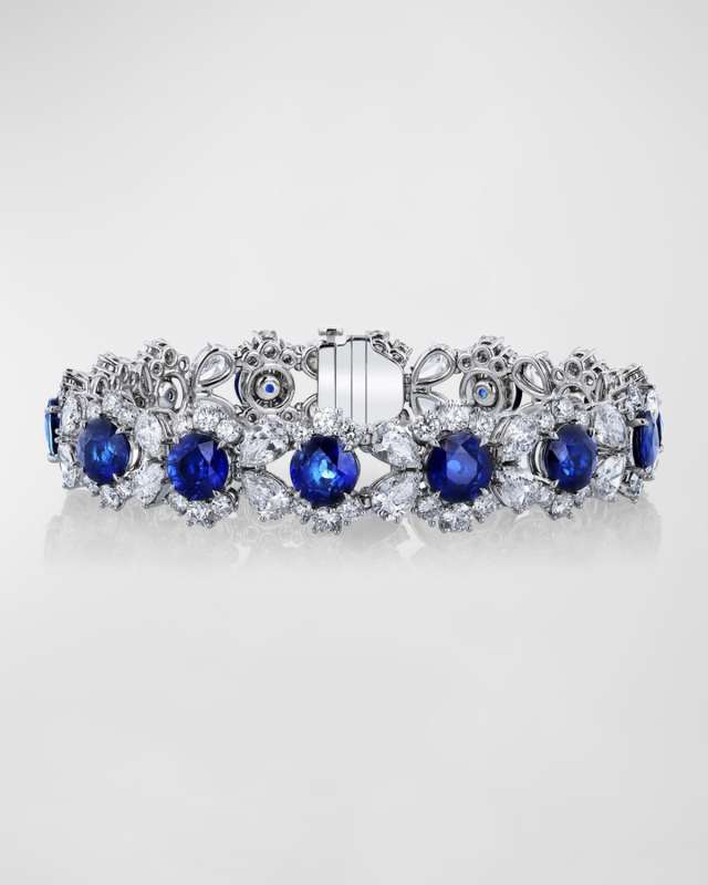 Platinum Mixed Diamond Bracelet with Round Blue Sapphires, 7"