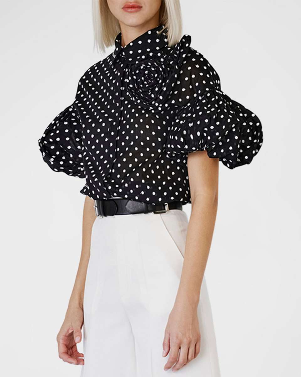 Polka-Dot Flower Puff-Sleeve Collared Blouse
