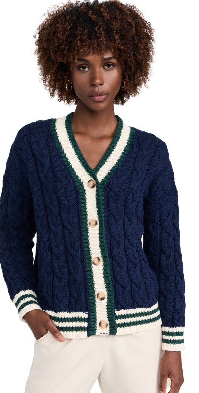 En Saison Spencer Cable Knit Cardigan Navy Green