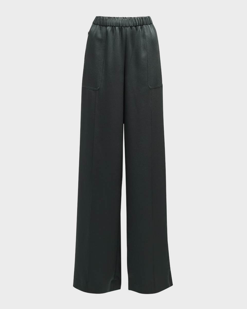 Shiny Zip-Trim Wide-Leg Pull-On Pants