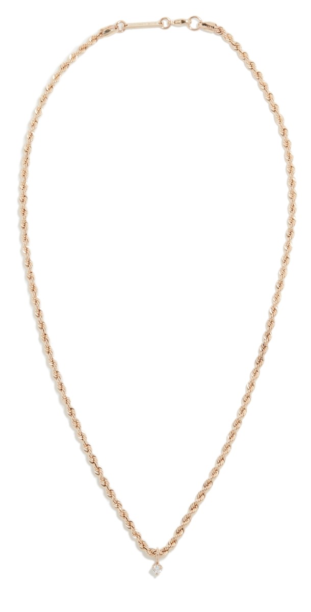 Zoe Chicco 14k Medium Rope Chain Necklace with Dangling Prong Diamond Gold