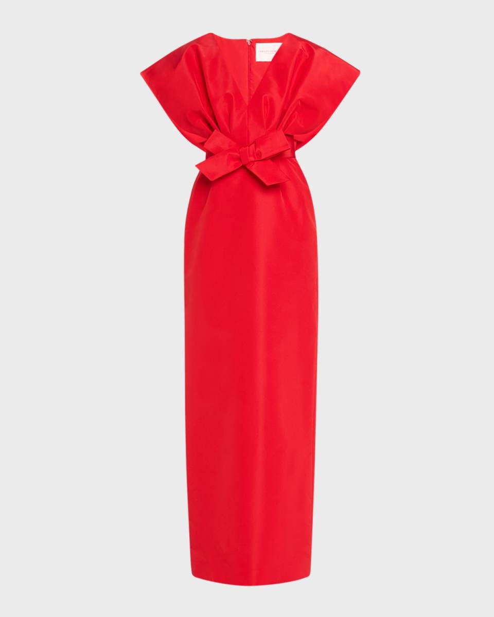 Fan Bodice Column Gown with Bow Waist Detail