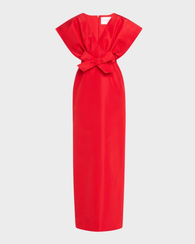 Fan Bodice Column Gown with Bow Waist Detail