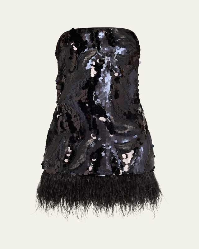 Elsie Sequined Feather-Trim Mini Dress