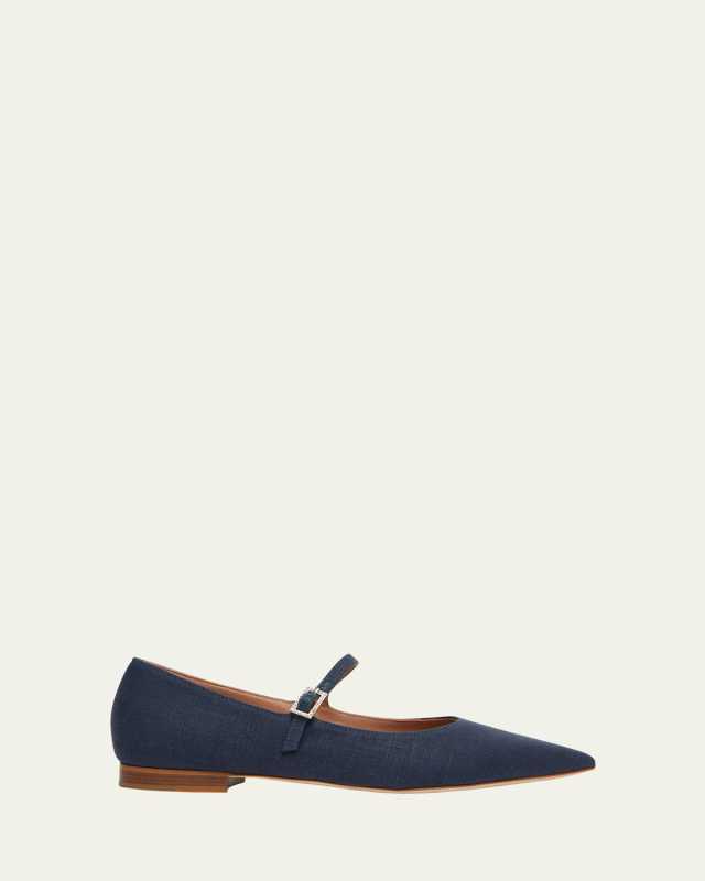 x Tabitha Simmons Linen Pointed-Toe Mary-Jane Flats
