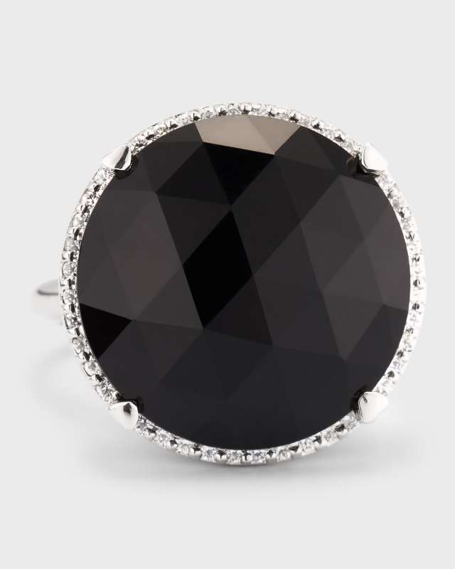 Rocks 18K White Gold Black Onyx and Diamond Halo Cocktail Ring, Size 6
