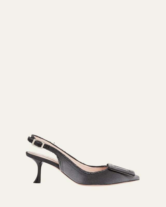 Fringed Denim Buckle Slingback Pumps