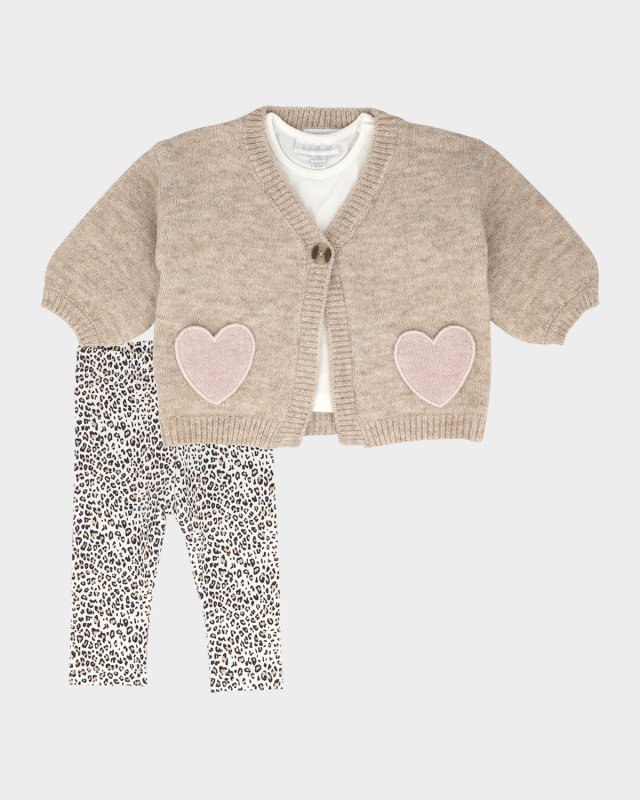 Girl's Cardigan W/ Heart Patches & Leggings & Top Set, Size 3M-