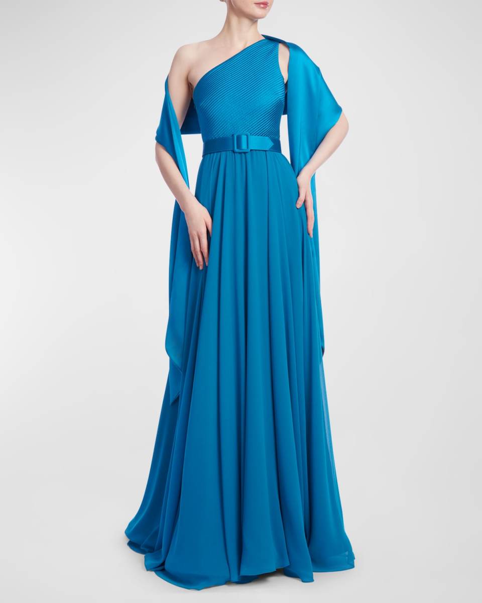 One-Shoulder Belted Gown with Sash