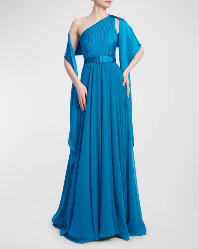 One-Shoulder Belted Gown with Sash