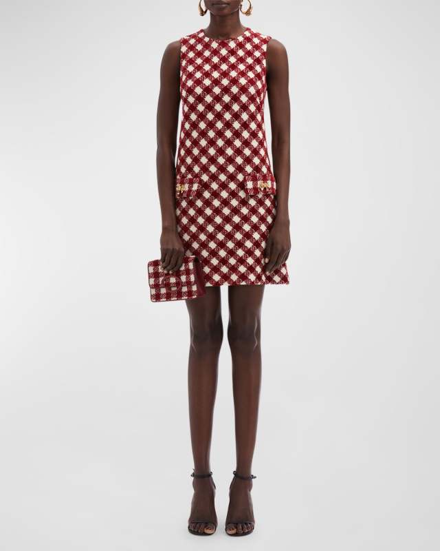 Chenille Check Tweed Shift Dress with Bow Details