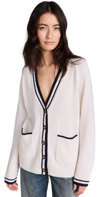 White + Warren Cashmere Varsity Cardiganoft White/Navy