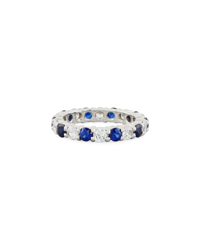 Blue & White CZ Eternity Band Ring in 14K White Gold