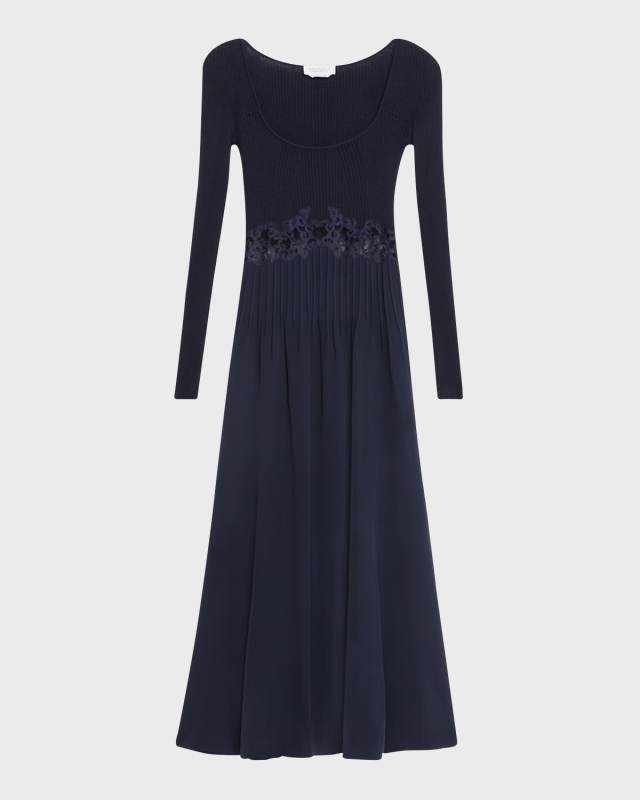 Prior Mixed-Media Lace Long-Sleeve Maxi Dress