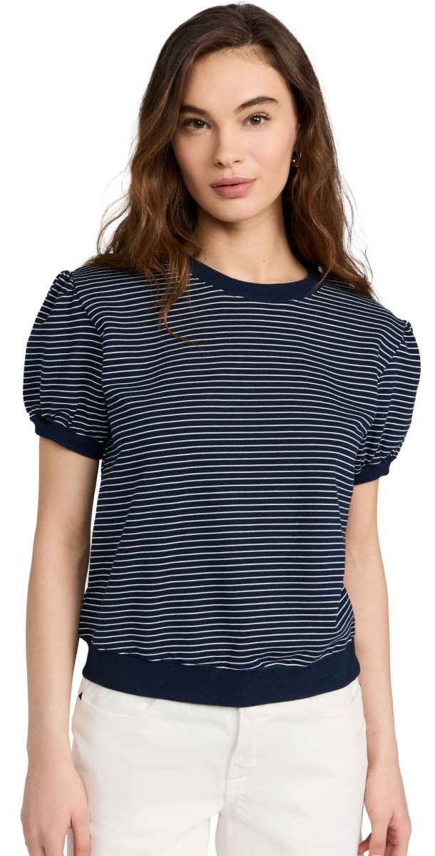 English Factory Stripe Terry Puff Sleeve Sweatshirt Navy/White