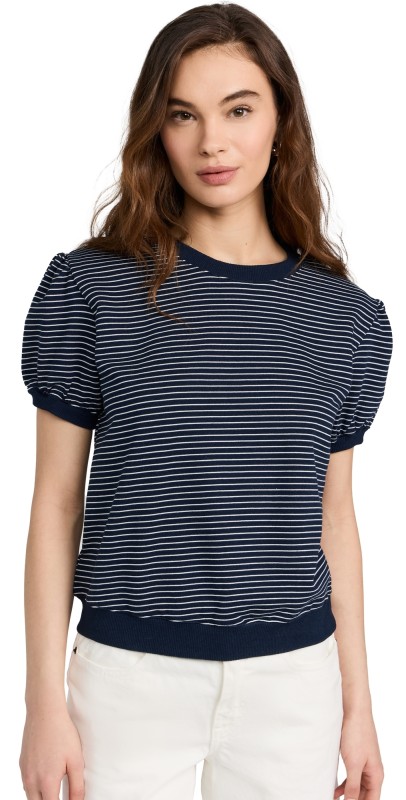 English Factory Stripe Terry Puff Sleeve Sweatshirt Navy/White