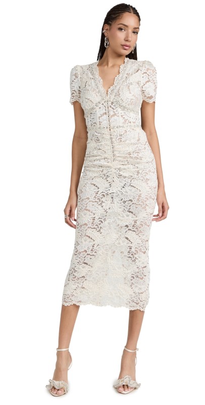 Self Portrait Cream Cord Lace V Neck Midi Dress Cream