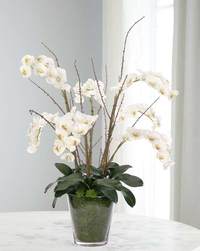 White Phalaenopsis Orchids 44" Faux Floral Arrangement in a Moss Glass Vase