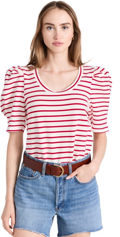 English Factory Stripe Pleated Puff Sleeve Top White/Red