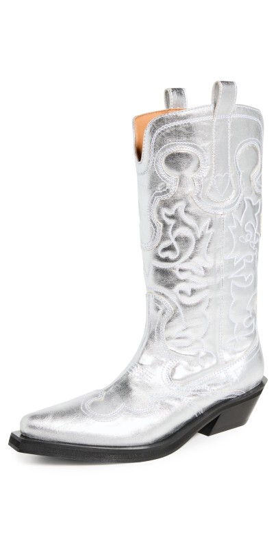 GANNI Mid Shaft Embroidered Western Boots Silver