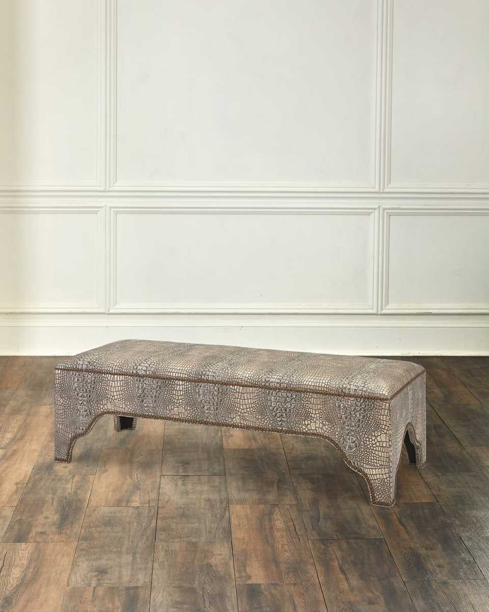 Cyrax Croc-Embossed Leather Bench, 60"