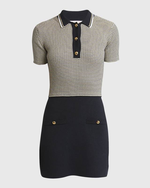 Striped Polo Mini Dress with Gold-Tone Buttons