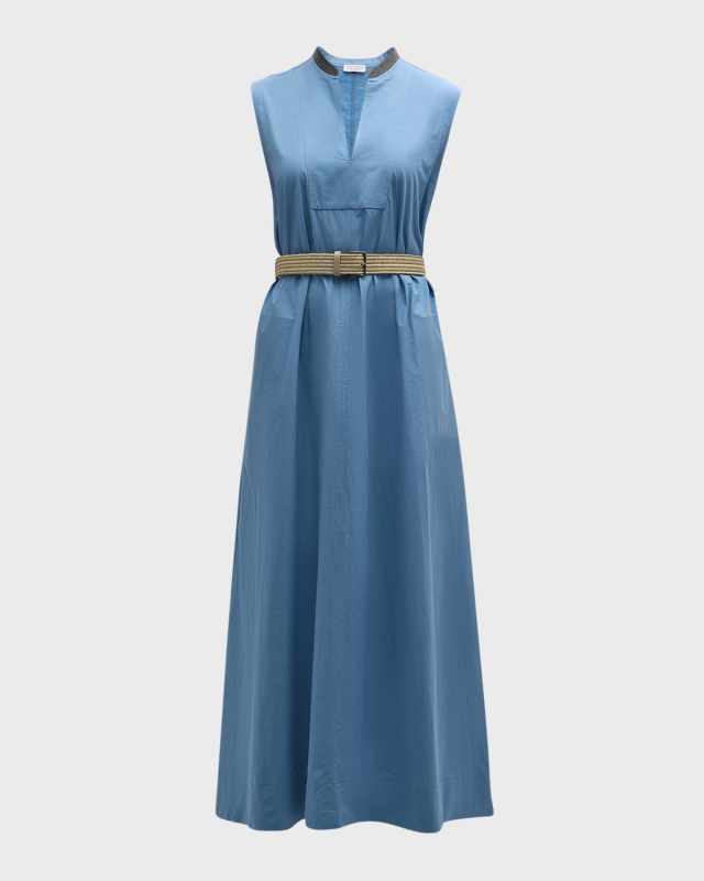 Cotton Poplin Maxi Dress with Raffia Belt