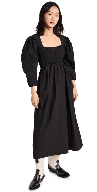 GANNI Cotton Poplin Open Neck Smock Long Dress Black