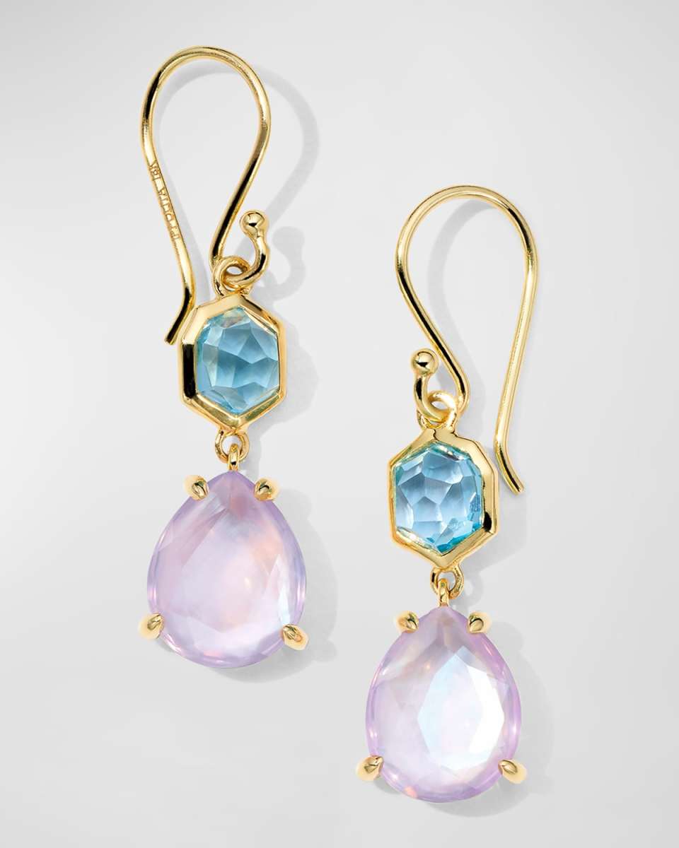 18K Gold Rock Candy Small Snowman Earrings in Swiss Blue Topaz Rock Crystal