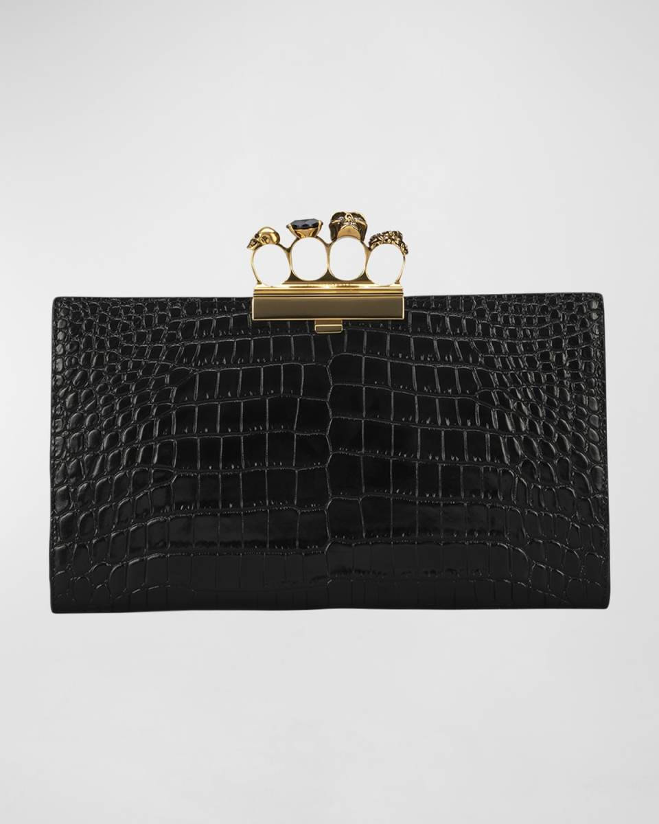 Four-Ring Stamped Crocodile Clutch Bag