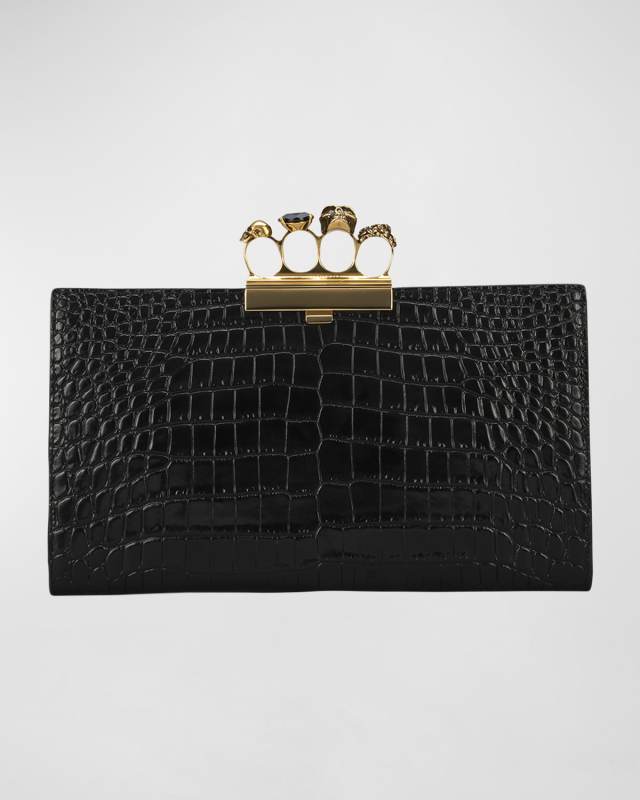 Four-Ring Stamped Crocodile Clutch Bag