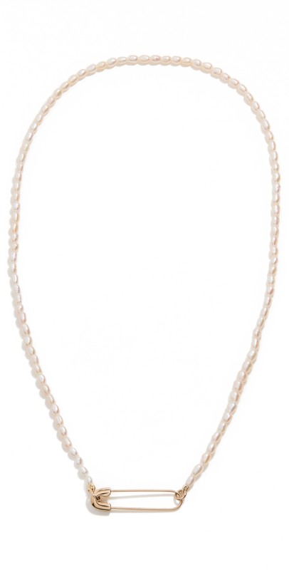 Zoe Chicco 14k Pearl Bead Necklace with a 14k Safety Pin Closure in Front Yellow Gold/Pearl