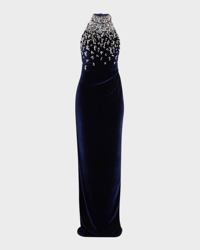 Velvet Halter Gown with Beaded Bodice